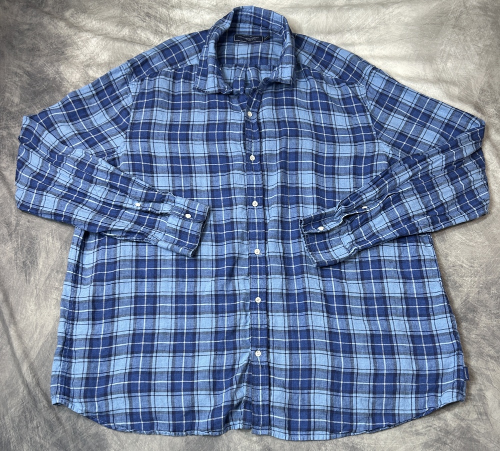 Vineyard Vines Shirt Mens 2XL Blue Plaid Linen Long Sleeve Button Up